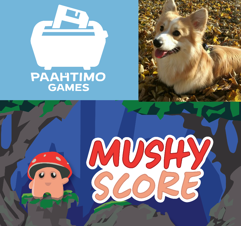 Contains three different images. Image of a toaster containing a disk and with text Paahtimo Games under it. Image of a welsh pembroke corgi in a autumn scene. Image of a Mushy (mushroom humanoid) in a forest scene with text Mushy Score.